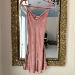 Cotton Candy pink floral mini slip dress with low cowl neck and open-tie back